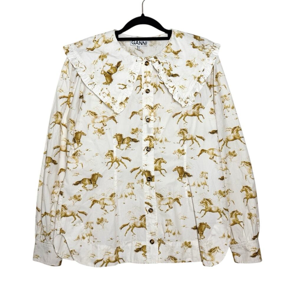 Ganni White Cotton Whimsical Horse Print Ruffle Collar Button Front Top 38 M